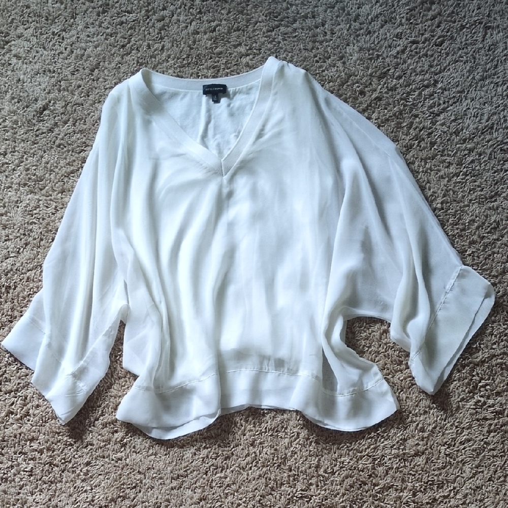 White Boxy Blouse with 3/4 Sleeves and Mandarin Collar